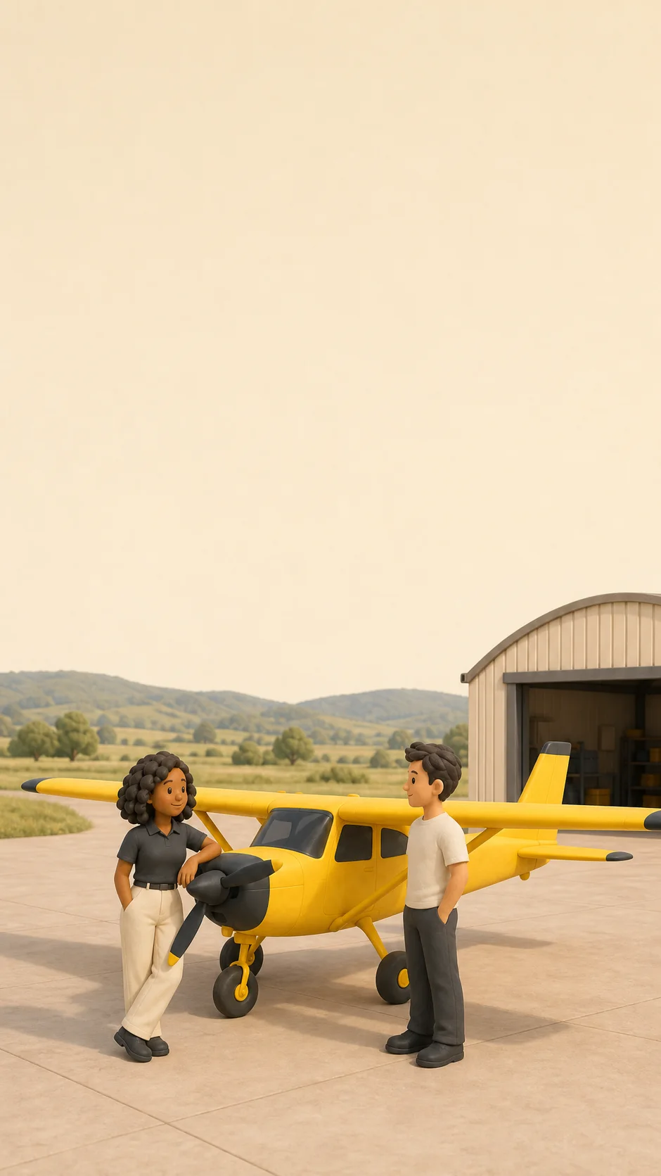 The instructor and student at the wing of the yellow trainer on a quiet morning apron, the hangar beyond.